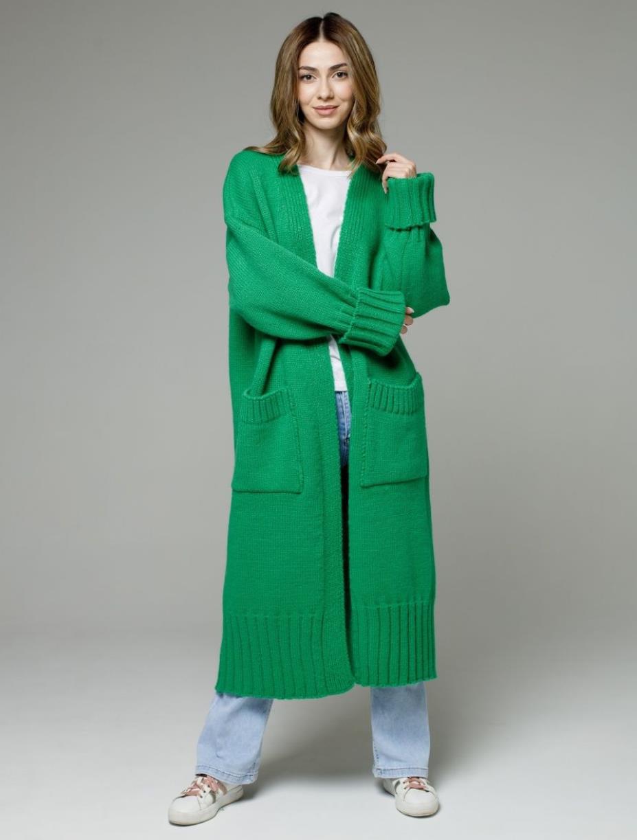 Damen bequemer langer Strickcardigan mit Taschen und breiten Ärmeln EB