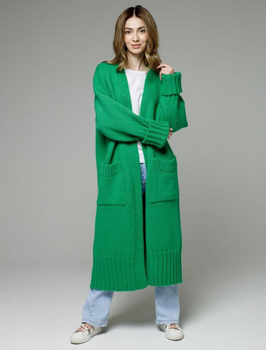Damen bequemer langer Strickcardigan mit Taschen und breiten Ärmeln EB