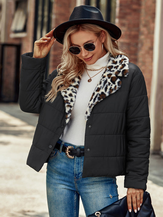 Damen Modische Steppjacke mit Leopardenkragen EB