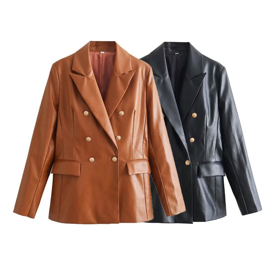 Damen Doppelreihige Kunstlederblazer EB