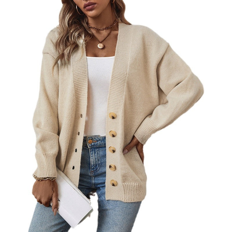 Damen gemütliche Strickjacke mit Knopfdetails und tiefem V-Ausschnitt EB