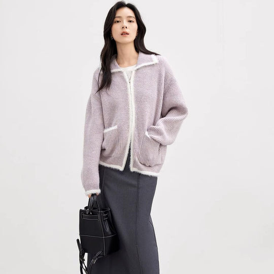 Damen Flauschiger Strickcardigan mit praktischen Taschen und hohem Kragen EB