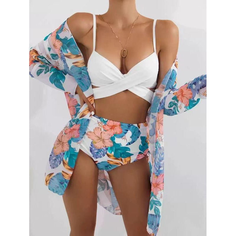 Damen Strandkimono mit floralem Design und transparenten Ärmeln EB