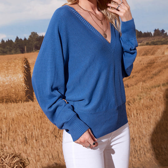 Damen V-Ausschnitt Strickpullover mit weitem Schnitt und gekräuselten Ärmeln EB