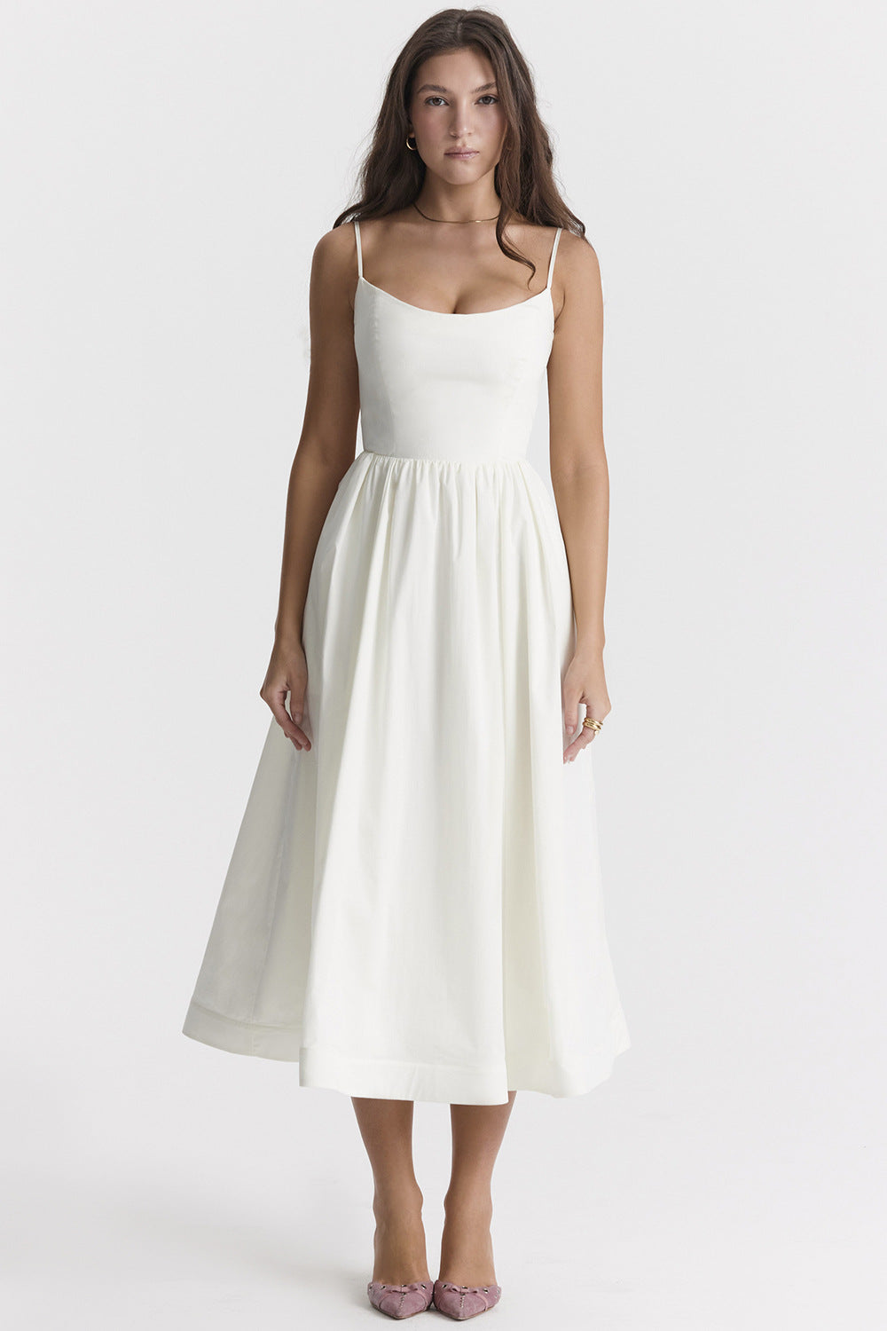 Damen elegantes Midikleid mit Spaghetti-Trägern und fließendem Rock EB