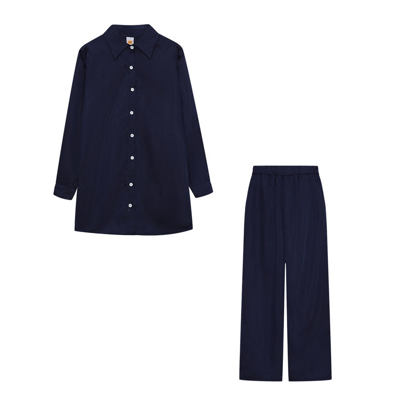 Damen Satin Pyjama Set mit langärmliger Bluse und weiten Hosen EB