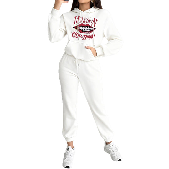 Damen nan Hoodie- und Jogginghose-Set mit Kapuze, Kängurutasche, elastischem Bund und auffälligem Lippen-Statementprint EB