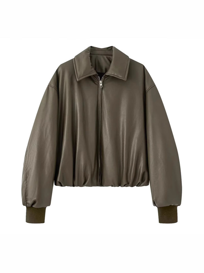 Damen lässige Kunstlederjacke mit voluminösem Schnitt und praktischen Taschen EB