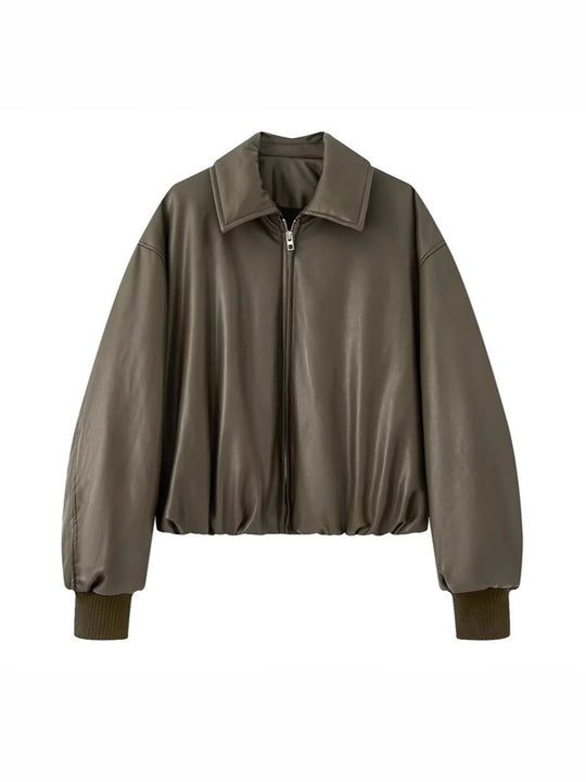 Damen lässige Kunstlederjacke mit voluminösem Schnitt und praktischen Taschen EB