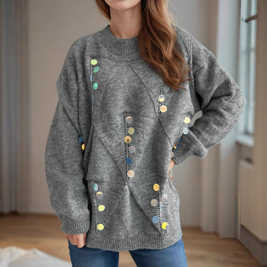 Damen lässiger Pullover mit dekorativen Pailletten und strukturiertem Maschenmuster EB