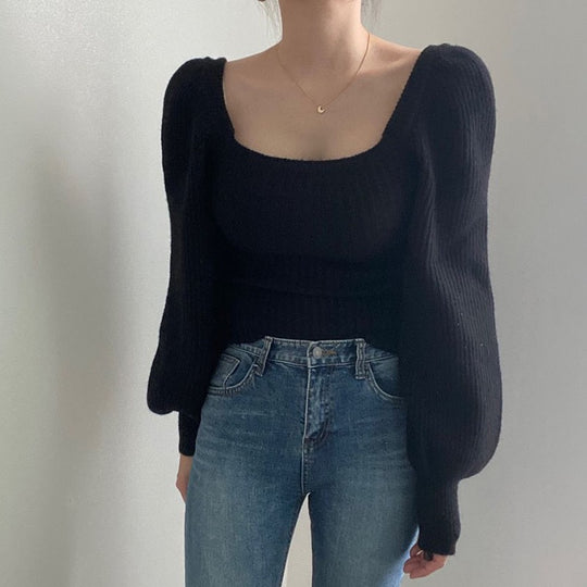Damen Feinstrickpullover mit modernem Quadrat-Ausschnitt und weit geschnittenen Ärmeln EB