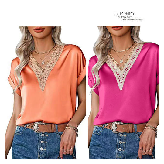 Damen Satin Bluse mit elegantem V-Ausschnitt und raffinierten Spitzenakzenten EB