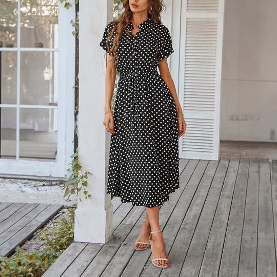 Damen Elegantes Hemdblusenkleid mit tailliertem Design und Polka-Dots EB