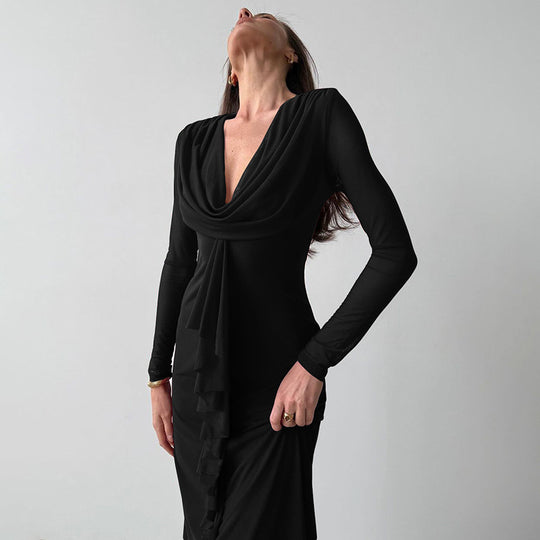 Damen Elegantes Maxikleid mit tiefem V-Ausschnitt und Rüschendetail EB