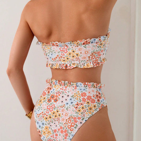 Damen Bikini-Set mit romantischen Rüschendetails und hohem Taillenbund EB