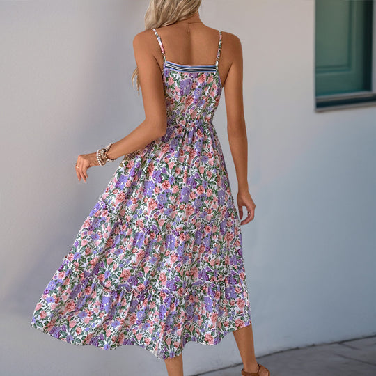 Damen Maxikleid mit floralem Design und verstellbarem Taillenzug EB