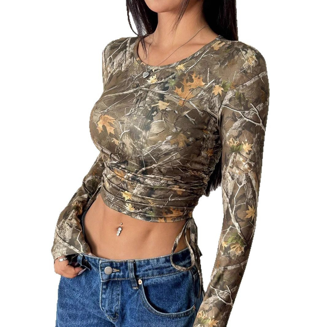 Damen Figurbetontes Langarmshirt mit Raffung und einzigartigem Camouflage-Design EB