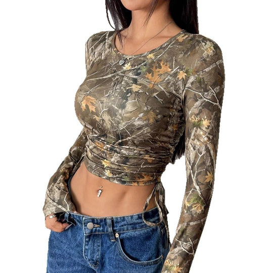 Damen Figurbetontes Langarmshirt mit Raffung und einzigartigem Camouflage-Design EB