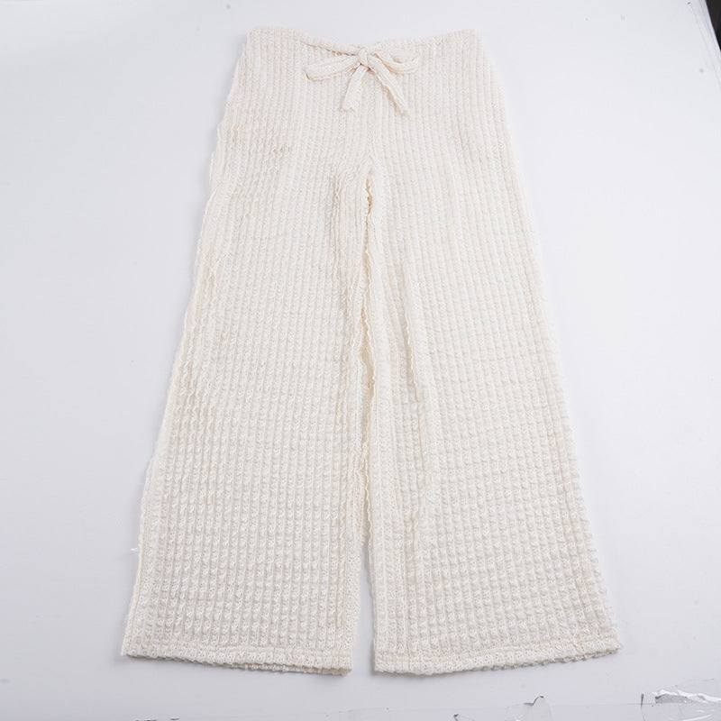 Damen nan kuschelige Strick-Loungehose mit weitem Bein, hoher Taille und Kordelzug EB