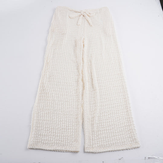 Damen nan kuschelige Strick-Loungehose mit weitem Bein, hoher Taille und Kordelzug EB
