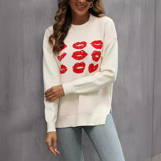 Damen Strickpullover mit glitzerndem Lippen-Motiv EB