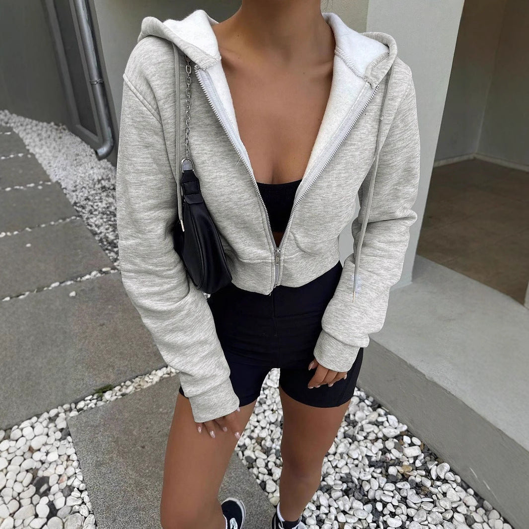 Damen Kurze Sweatjacke mit Kapuze und Reißverschluss EB