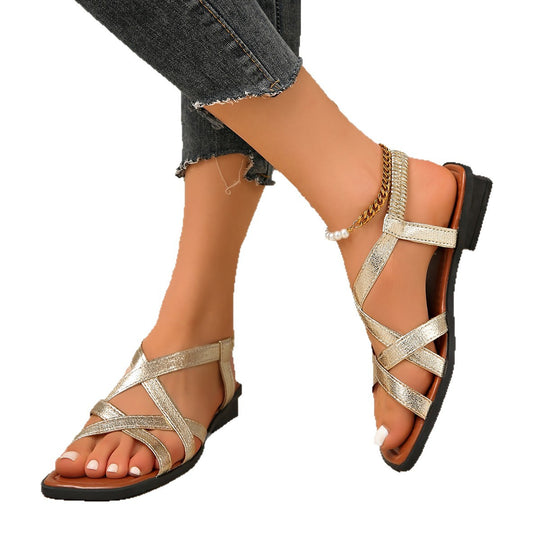 Damen Flache Riemensandaletten mit glitzerndem Kreuzriemen-Design und komfortablem Fußbett EB