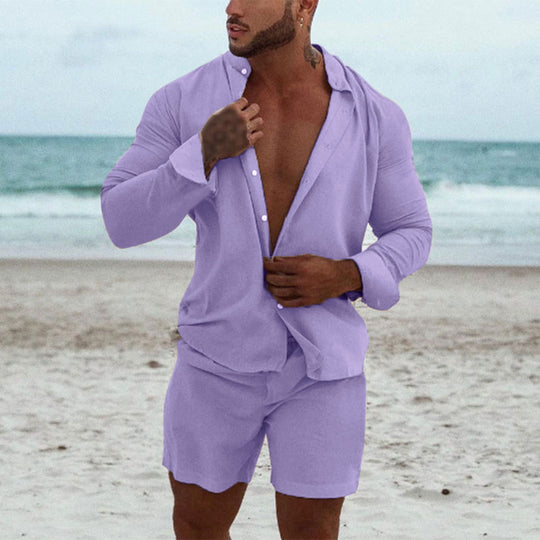 Herren modisches Freizeit-Set mit langarmigem Hemd und Shorts EB