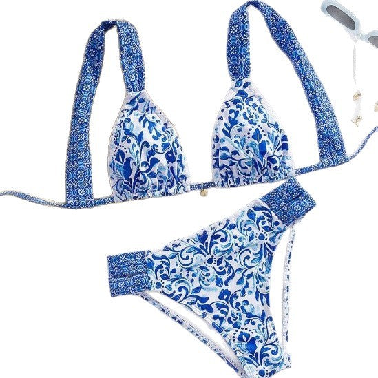 Damen Bikini mit dekorativen Rüschen und elegantem Muster EB