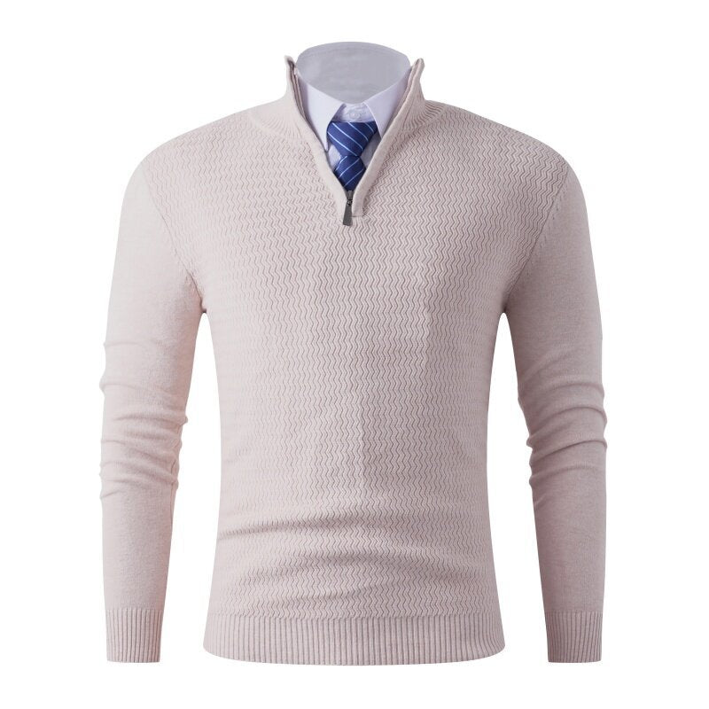 Herren nan feinstrickpullover mit Stehkragen und halbem Reißverschluss, Strukturstrick und schlanker Business-Casual-Passform EB