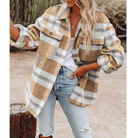 Damen Karobluse mit oversized Schnitt und Taschen EB