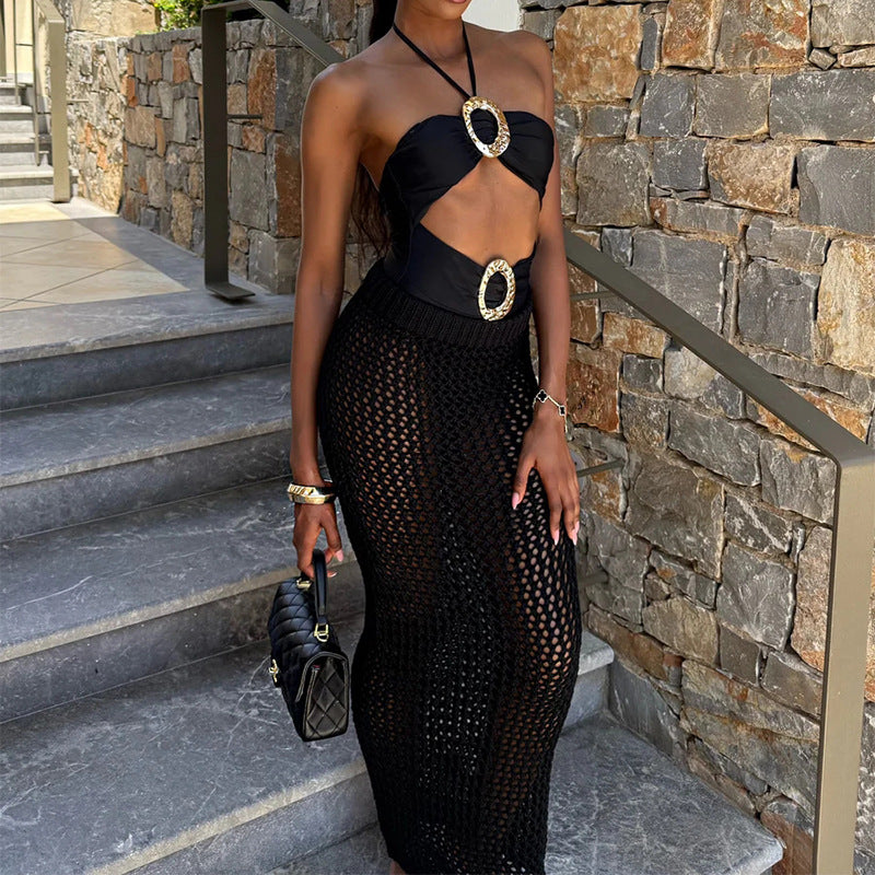 Damen Häkel-Strandrock mit transparentem Netzdesign und hohem elastischen Bund EB