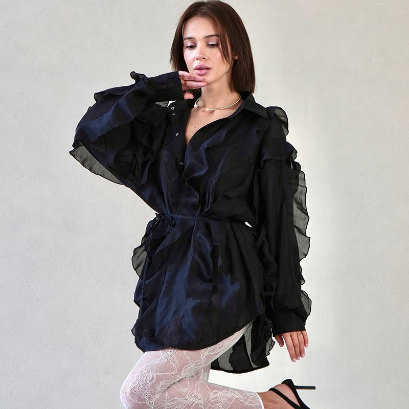 Damen modisches Hemdblusenkleid mit Rüschen EB