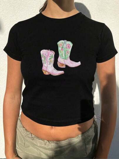 Damen Crop-T-Shirt mit kreativem Lippenmotiv und figurbetontem Schnitt EB