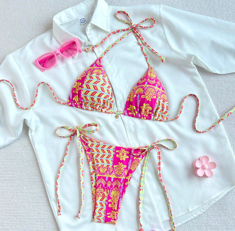 Damen Triangel-Bikini mit modischer Schnürung und buntem Design EB