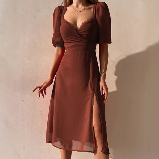 Damen Elegantes Maxikleid mit Puffärmeln und tiefem Schlitz EB