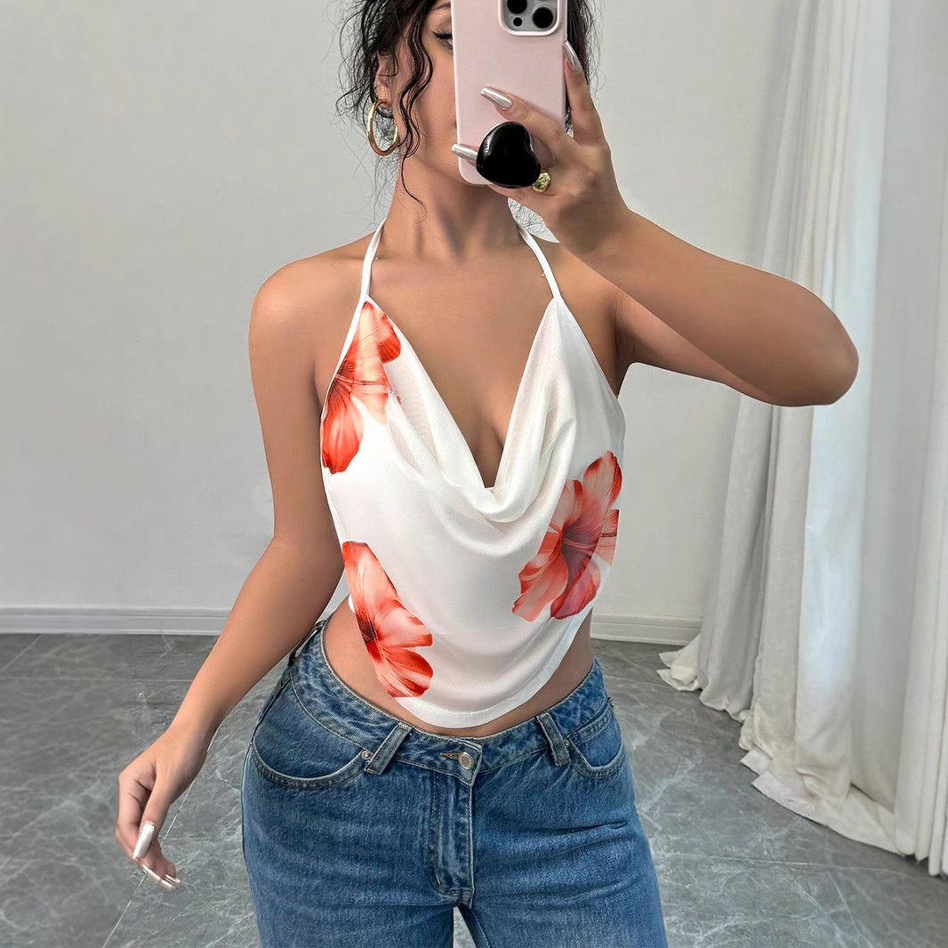 Damen Blusentop mit tiefem V-Ausschnitt und floralem Design EB
