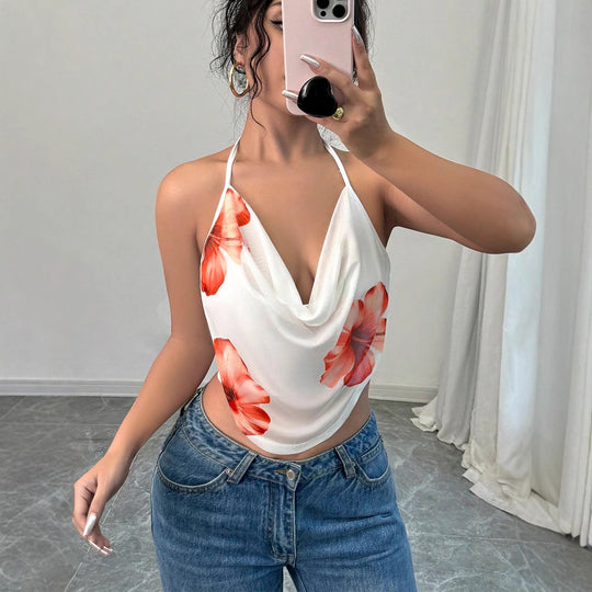 Damen Blusentop mit tiefem V-Ausschnitt und floralem Design EB
