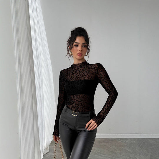 Damen Transparente Langarmbluse mit Leopardenmuster EB