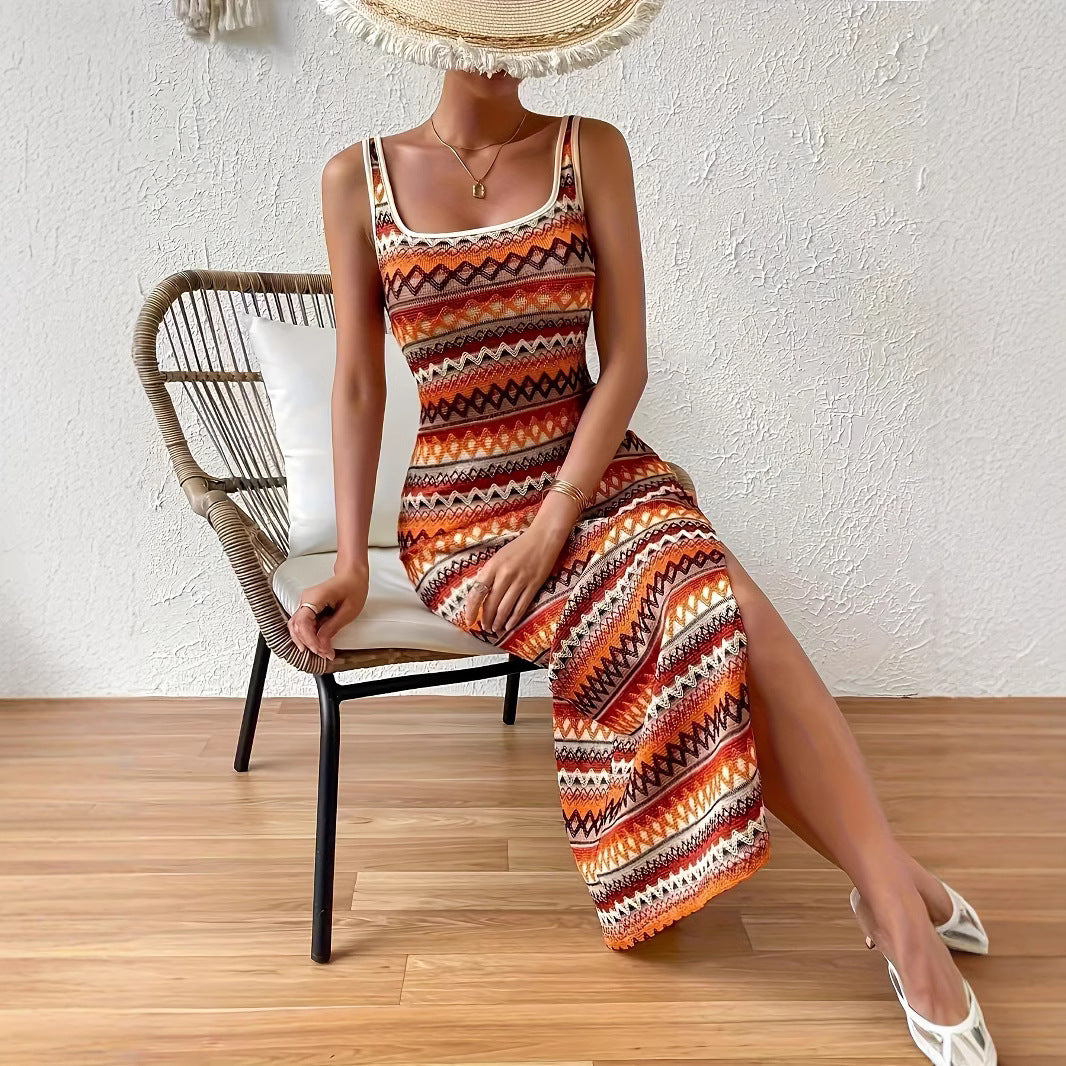 Damen Maxikleid mit geometrischem Muster und seitlichem Schlitz EB