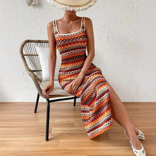 Damen Maxikleid mit geometrischem Muster und seitlichem Schlitz EB
