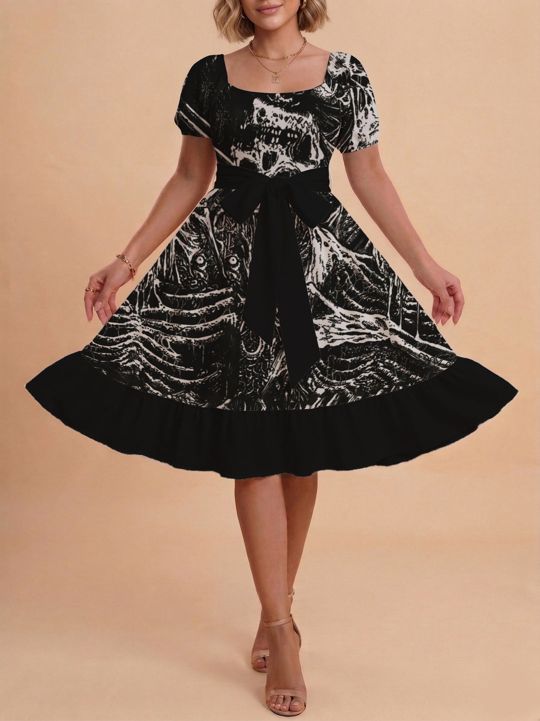Damen schickes Glitzerkleid mit tailliertem Schnitt und Rüschensaum EB