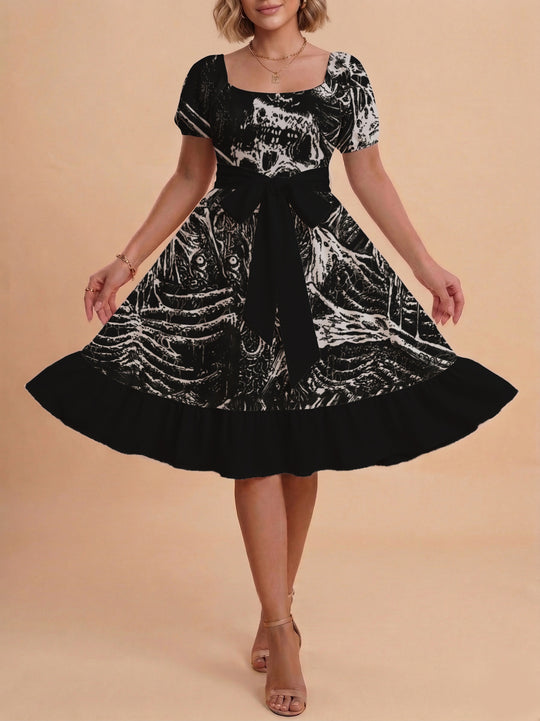 Damen schickes Glitzerkleid mit tailliertem Schnitt und Rüschensaum EB
