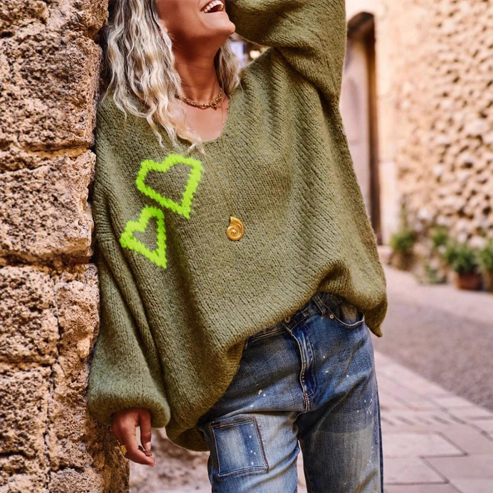 Damen lässiger Oversized-Pullover mit Herzapplikationen EB