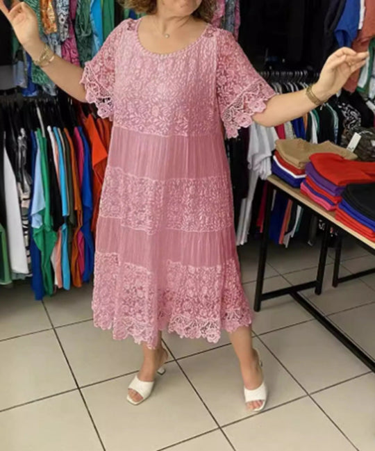 Damen Maxikleid mit luftiger Spitze und elegantem Rüschensaum Heidi-Mode
