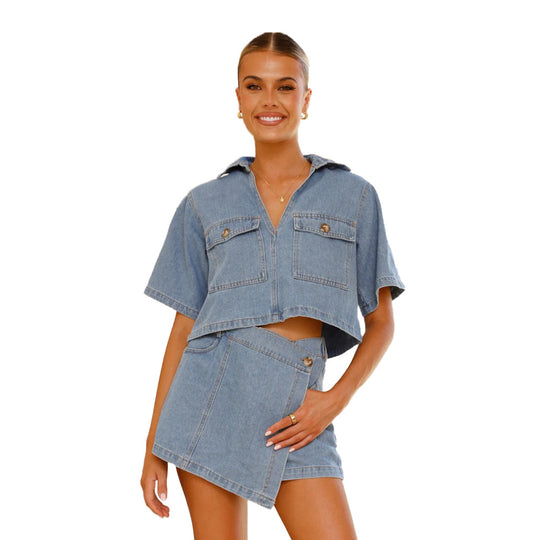 Damen Denim-Kurzarm-Oberteil mit passendem Wickelrock EB