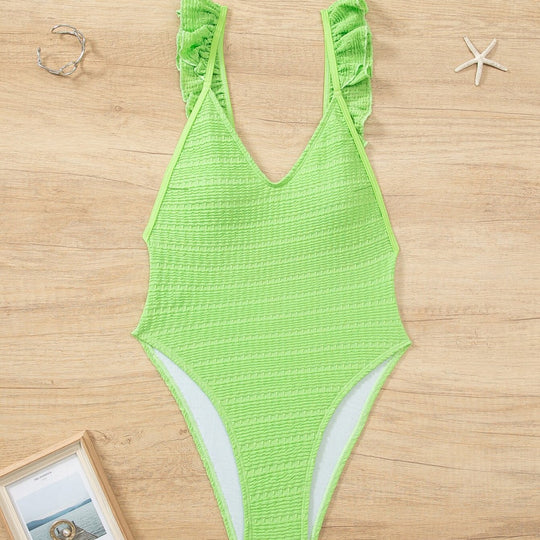 Damen Einteiler Badeanzug mit Rüschendetails und hohem Beinausschnitt EB