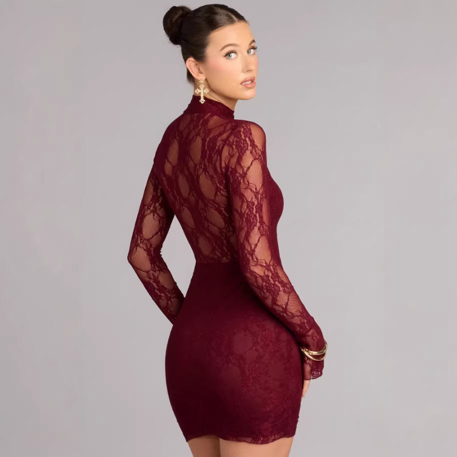Damen Spitzenminikleid mit hohem Kragen und raffinierten Cut-Out-Details EB