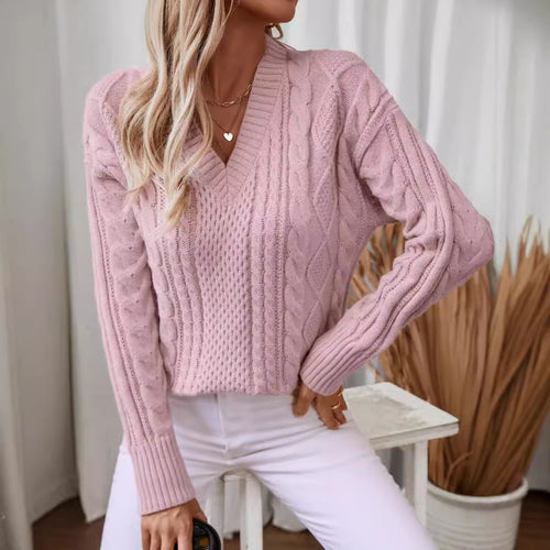 Damen modischer Strickpullover mit tiefem V-Ausschnitt und Zopfmuster EB