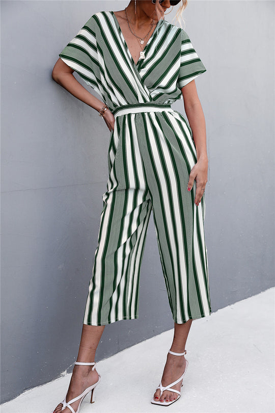 Damen eleganter Jumpsuit mit V-Ausschnitt, breiten Ärmeln und anisstreifendem Design EB
